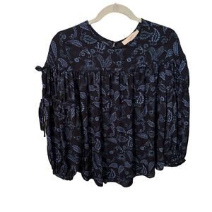 Loft Womens Navy Blue Floral Paisely Tie Sleeve Babydoll Peasant Blouse Size XS
